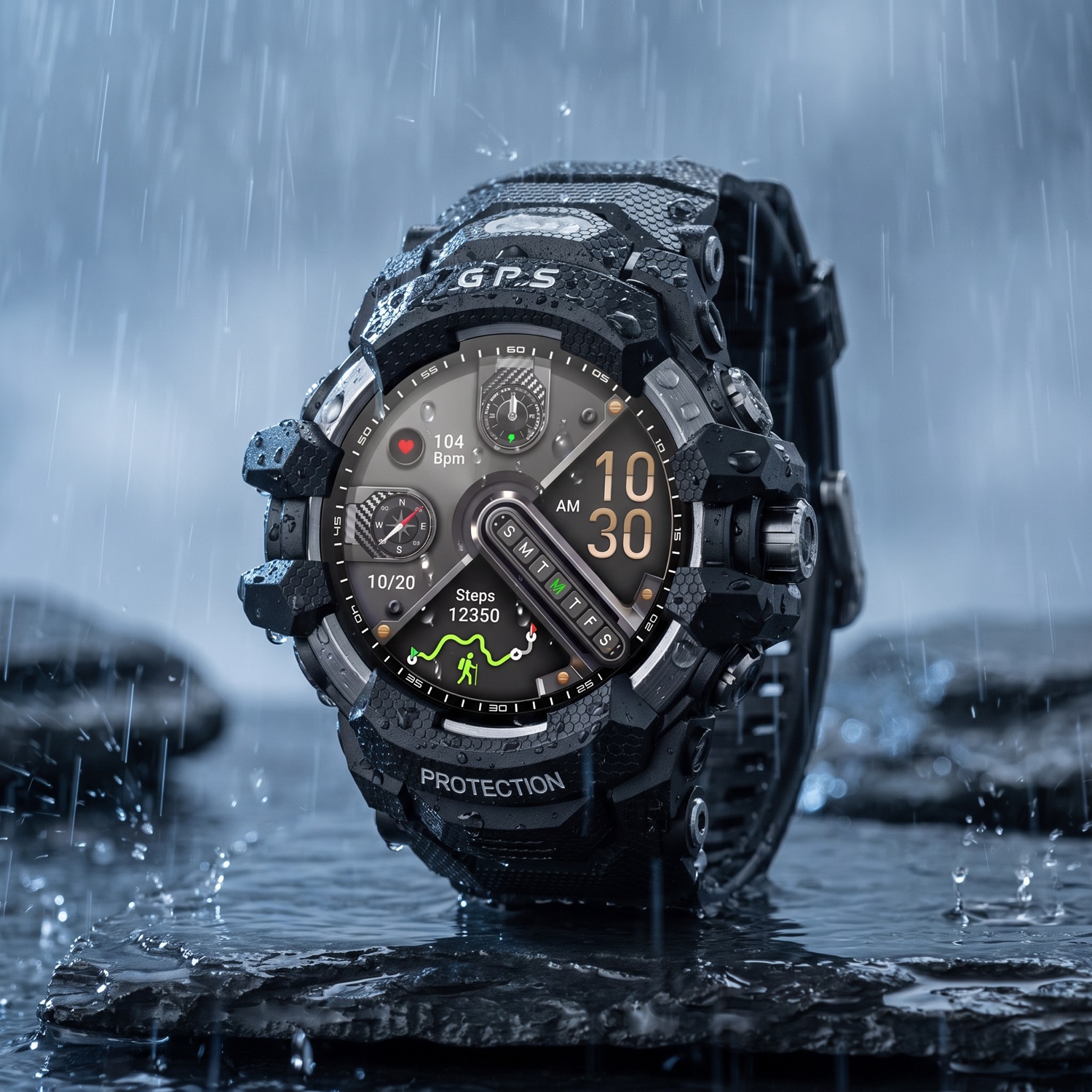 Smartwatch X-RAPTOR w deszczu na skale — wodoszczelna, pancerna konstrukcja