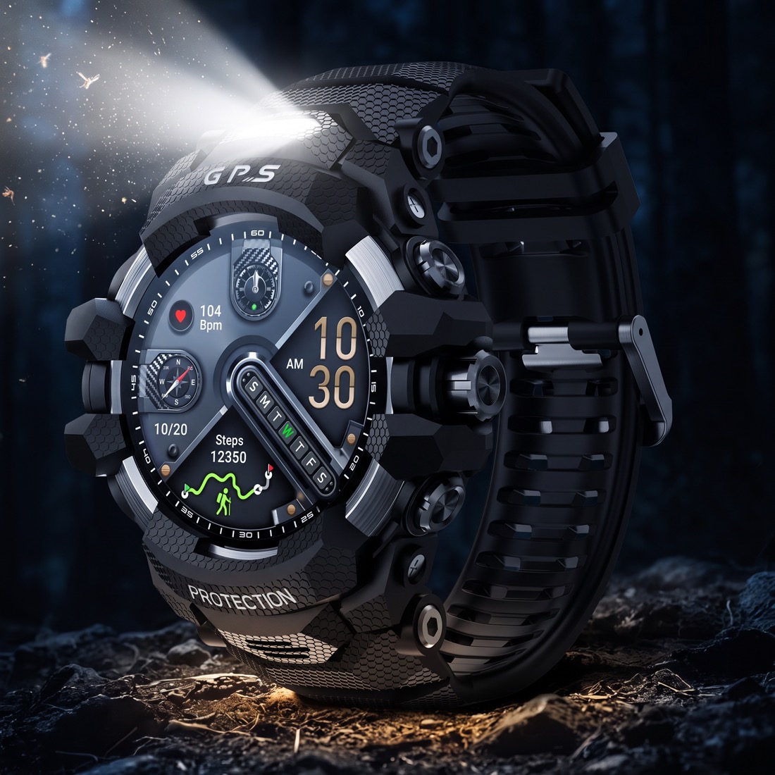 Wbudowana latarka LED X-RAPTOR oświetlająca las nocą